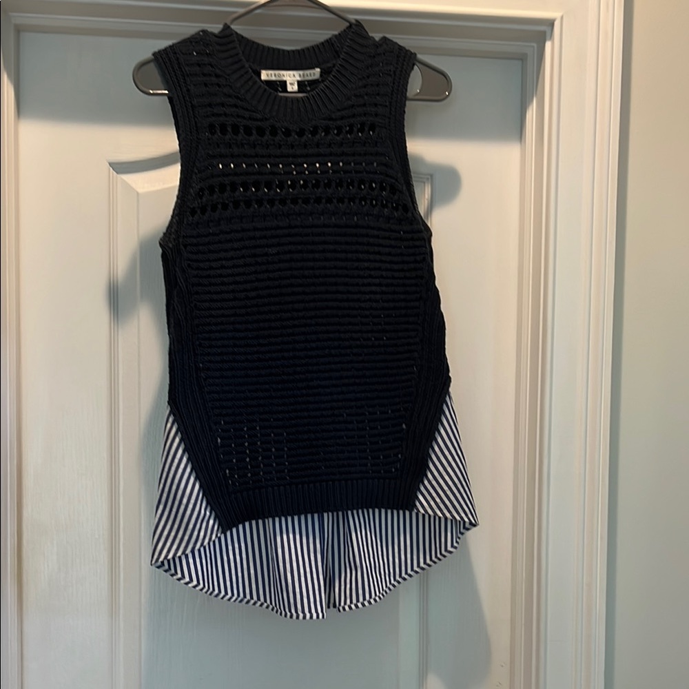 Veronica Beard Navy Knit Tank with Striped Hem